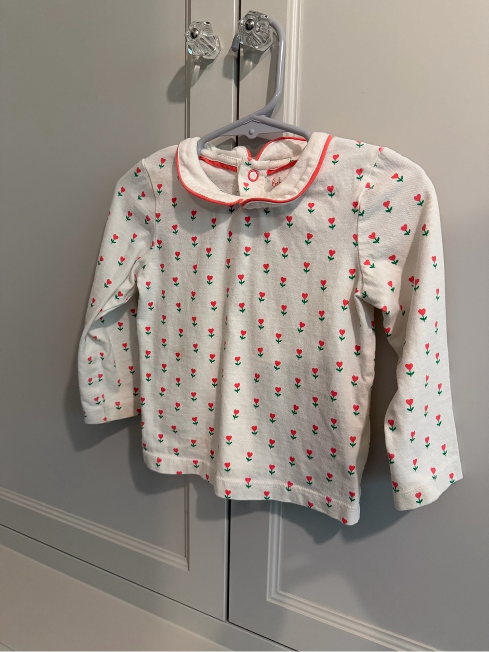 Baby Boden White Long-Sleeve Top with Pink and Green Floral Detail